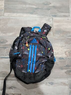 adidas Black Backpack with Bright Blue Stripes and Multicolor Prints